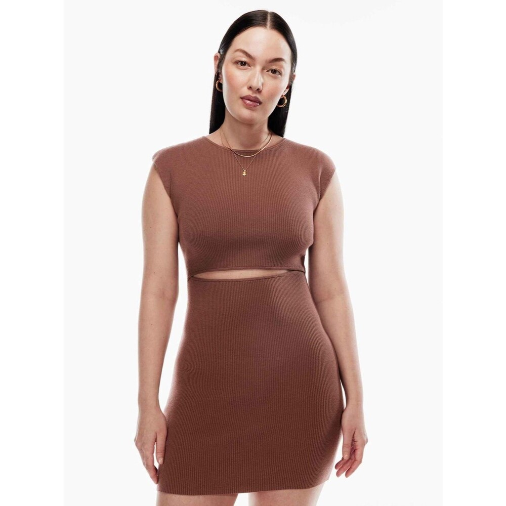 Aritzia Wilfred Free Cut-Out Knit Ribbed Mini Dress | Mocha Sorbet | 2XS